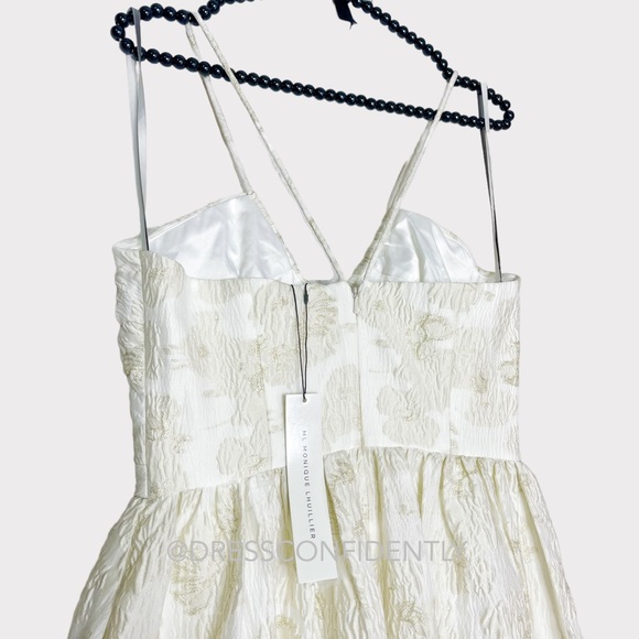 NWT MONIQUE LHUILLIER Spaghetti strap Metallic Jacquard Midi Dress - Ivory - Picture 12 of 16